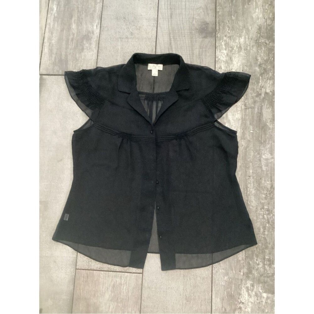 Ann Taylor Black Sheer Flutter-Sleeve Button Front Blouse Size 16 F2